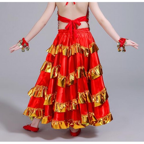  Red Flamenco Spanish folk dance bull dance skirts for girls children kids stage performance competition ballroom skirt